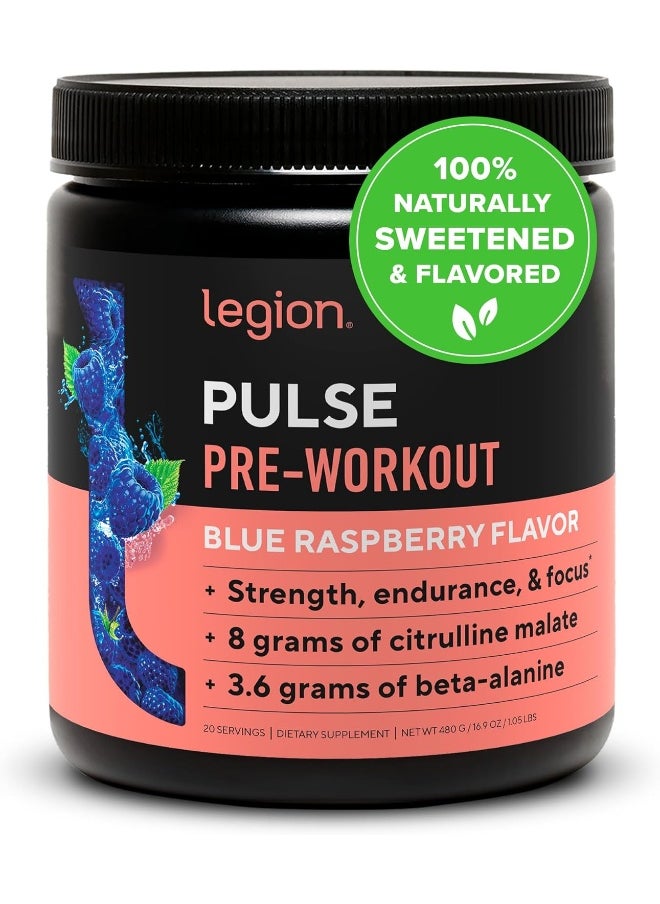 Pulse Pre Workout Supplement - All Natural Nitric Oxide Preworkout Drink To Boost Energy, Creatine Free, Naturally Sweetened, Beta Alanine, Citrulline, Alpha Gpc (Blue Raspberry)