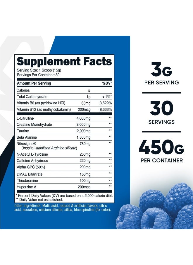 Nutricost Pre-C Pre-Workout Complex with Creatine (Blue Raspberry | 30 Servings) Powder - Boost Fitness Routines, 450g