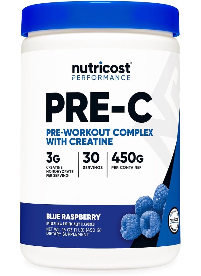 Nutricost Pre-C Pre-Workout Complex with Creatine (Blue Raspberry | 30 Servings) Powder - Boost Fitness Routines, 450g