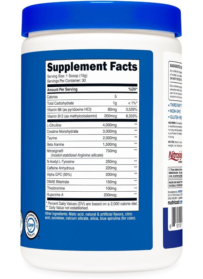 Nutricost Pre-C Pre-Workout Complex with Creatine (Blue Raspberry | 30 Servings) Powder - Boost Fitness Routines, 450g