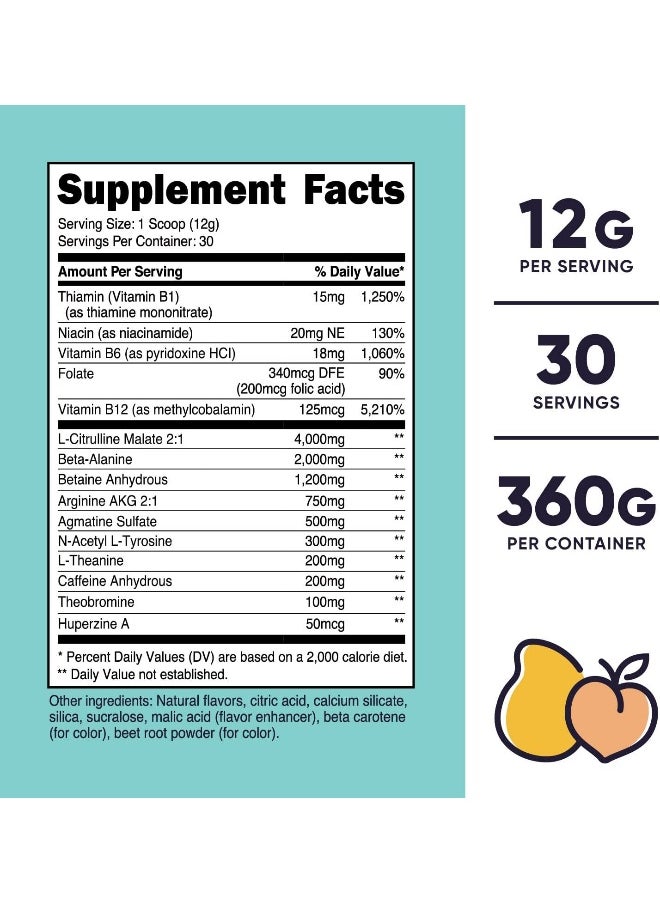 Pre-Workout Powder For Women, Peach Mango, 30 Servings