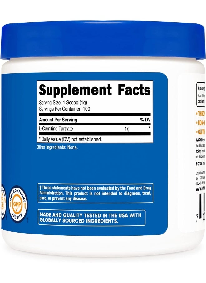 L-Carnitine Tartrate Powder (100 Grams) - 1 Gram Per Serving; 100 Servings