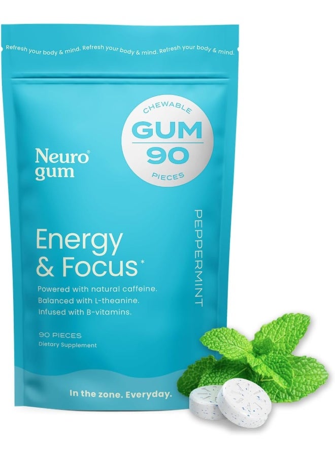 Energy Caffeine Gum (90 Pieces) - Sugar Free With L-Theanine + Natural Caffeine + Vitamin B12 & B6 - Nootropic Energy & Focus Supplement For Women & Men - Keto & Vegan, Peppermint Flavor
