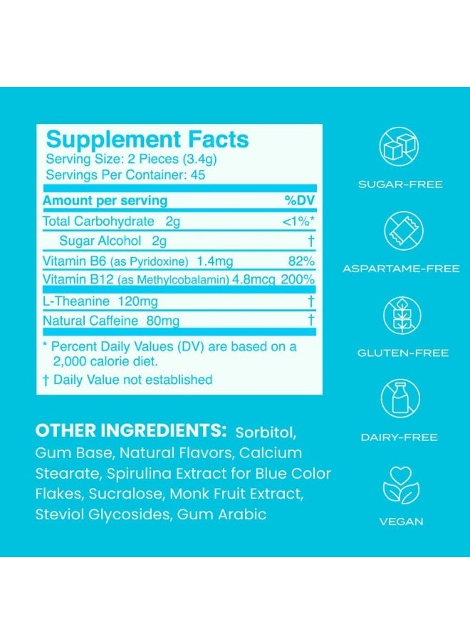 Energy Caffeine Gum (90 Pieces) - Sugar Free With L-Theanine + Natural Caffeine + Vitamin B12 & B6 - Nootropic Energy & Focus Supplement For Women & Men - Keto & Vegan, Peppermint Flavor