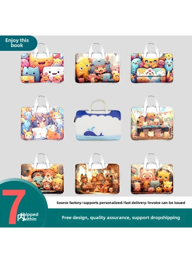 For Apple/For huawei Laptop Bag Portable Fleece-lined Shockproof Cartoon Design Painted Leather Handbag-Color:BZ-005 Astronaut-Size:14-inch