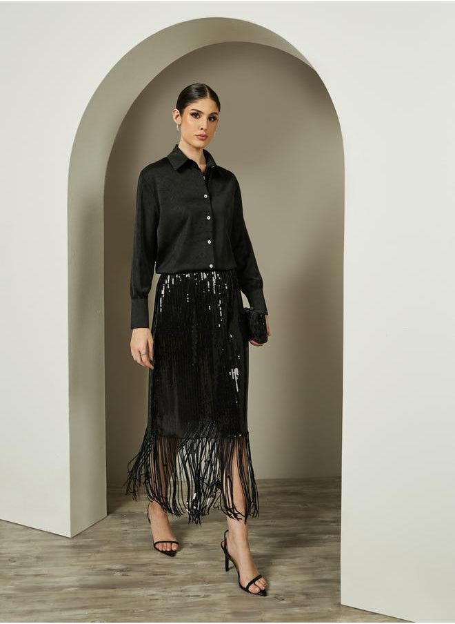 Black Sequined A-Line Evening Midi Skirt