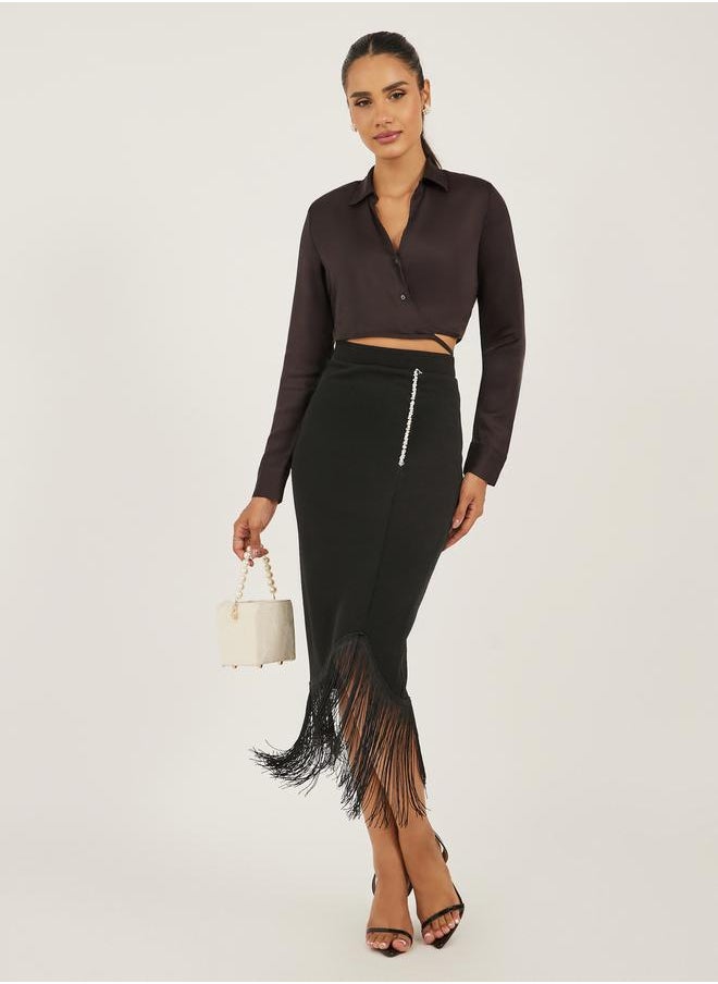 Wrap Midi Skirt with Fringe Hem