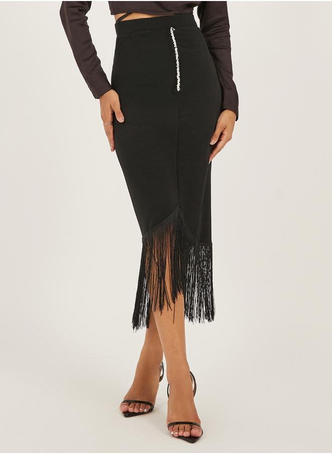 Wrap Midi Skirt with Fringe Hem