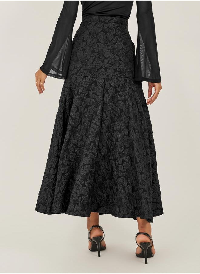 Black Floral Jacquard A-Line Maxi Skirt