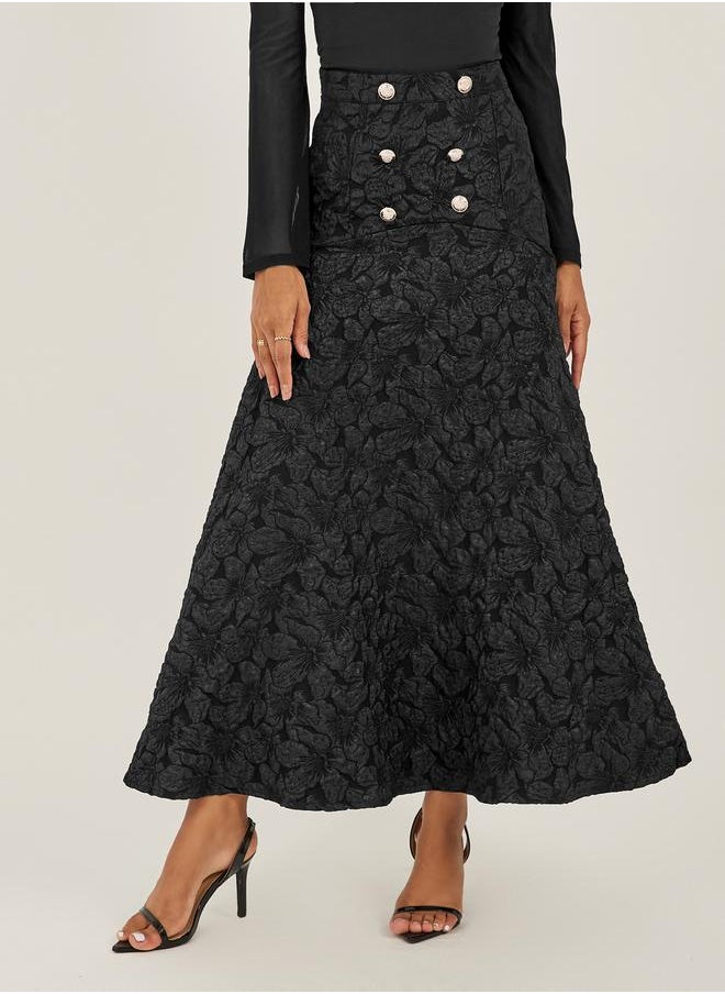 Black Floral Jacquard A-Line Maxi Skirt