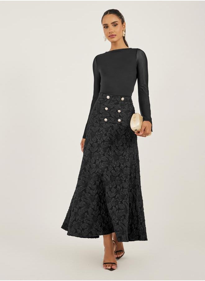 Black Floral Jacquard A-Line Maxi Skirt