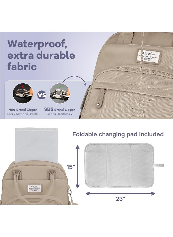 RUVALINO Diaper Bag Backpack, Multifunction Travel Pack Maternity Baby Changing Bags, Large Capacity, Waterproof, Clay