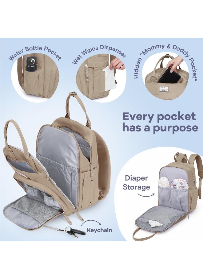 RUVALINO Diaper Bag Backpack, Multifunction Travel Pack Maternity Baby Changing Bags, Large Capacity, Waterproof, Clay