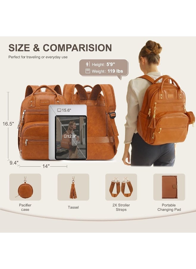 ROSEGIN Vegan Leather Diaper Bag Backpack with Changing Pad and Pacifier Holder, Multi-Functional Bag for Boy Girl, Waterproof for Travel, Perfect Baby Shower Gifts for Mom, Dad, Newborn, Brown