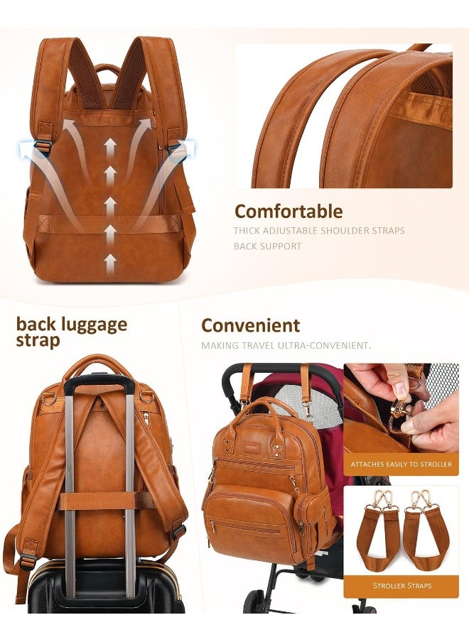 ROSEGIN Vegan Leather Diaper Bag Backpack with Changing Pad and Pacifier Holder, Multi-Functional Bag for Boy Girl, Waterproof for Travel, Perfect Baby Shower Gifts for Mom, Dad, Newborn, Brown