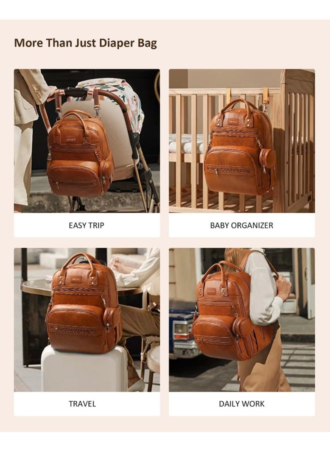 ROSEGIN Vegan Leather Diaper Bag Backpack with Changing Pad and Pacifier Holder, Multi-Functional Bag for Boy Girl, Waterproof for Travel, Perfect Baby Shower Gifts for Mom, Dad, Newborn, Brown