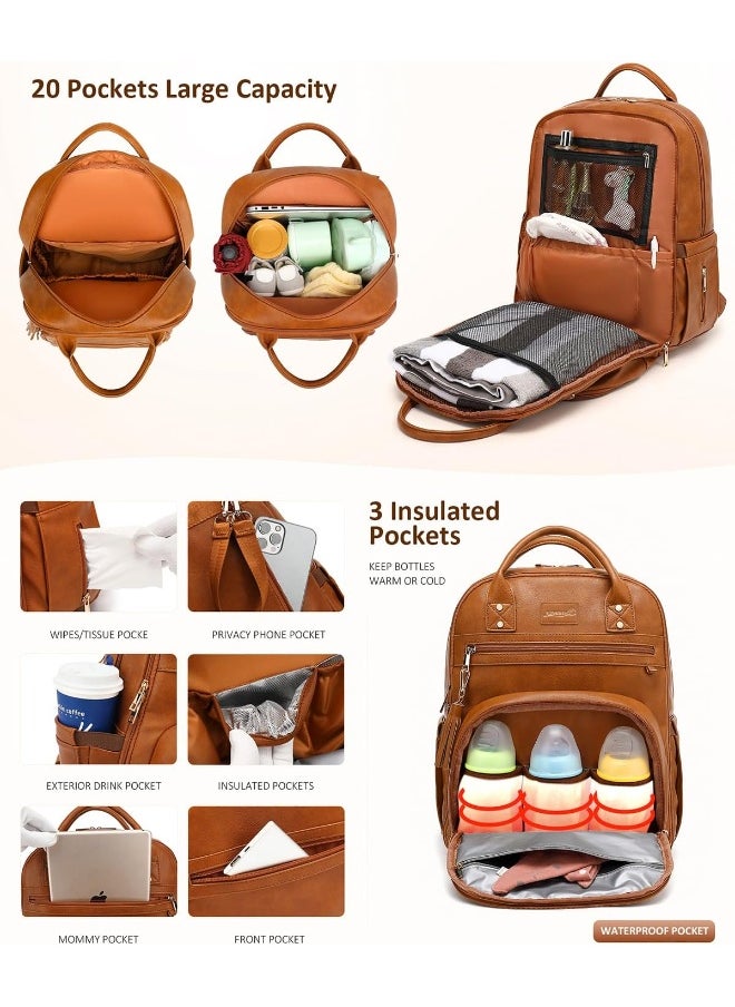 ROSEGIN Vegan Leather Diaper Bag Backpack with Changing Pad and Pacifier Holder, Multi-Functional Bag for Boy Girl, Waterproof for Travel, Perfect Baby Shower Gifts for Mom, Dad, Newborn, Brown