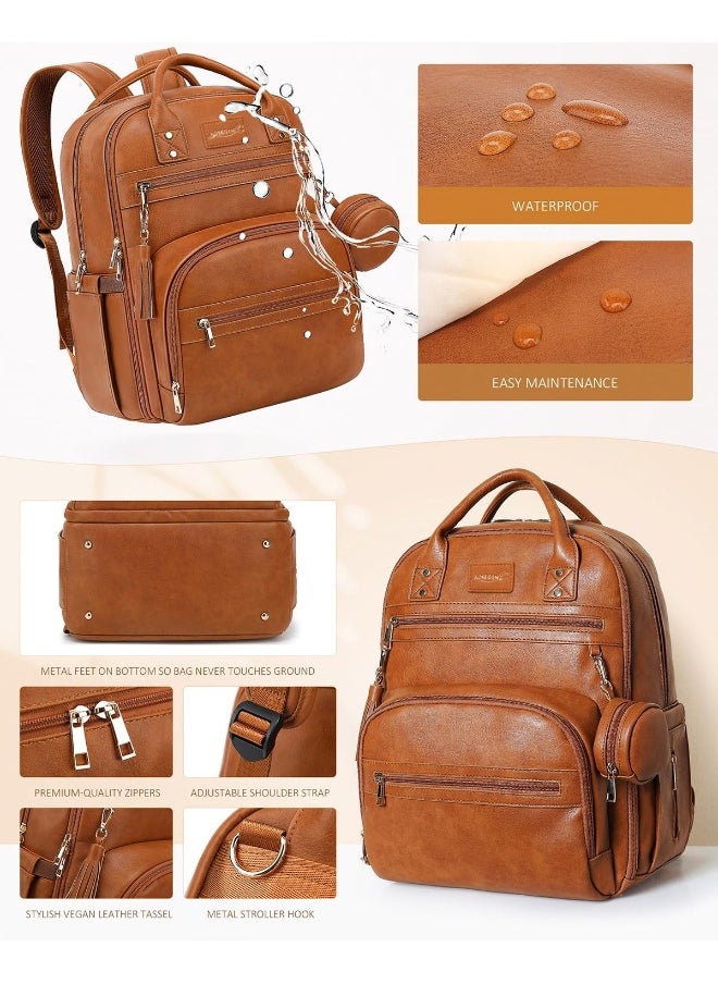 ROSEGIN Vegan Leather Diaper Bag Backpack with Changing Pad and Pacifier Holder, Multi-Functional Bag for Boy Girl, Waterproof for Travel, Perfect Baby Shower Gifts for Mom, Dad, Newborn, Brown