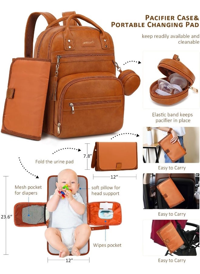 ROSEGIN Vegan Leather Diaper Bag Backpack with Changing Pad and Pacifier Holder, Multi-Functional Bag for Boy Girl, Waterproof for Travel, Perfect Baby Shower Gifts for Mom, Dad, Newborn, Brown