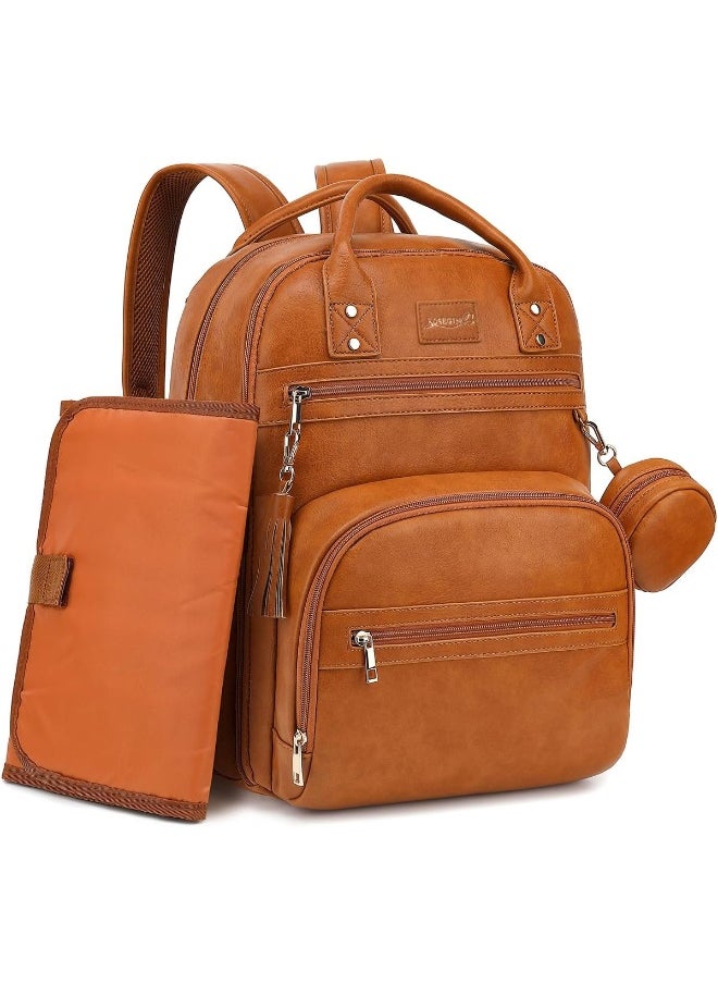 ROSEGIN Vegan Leather Diaper Bag Backpack with Changing Pad and Pacifier Holder, Multi-Functional Bag for Boy Girl, Waterproof for Travel, Perfect Baby Shower Gifts for Mom, Dad, Newborn, Brown