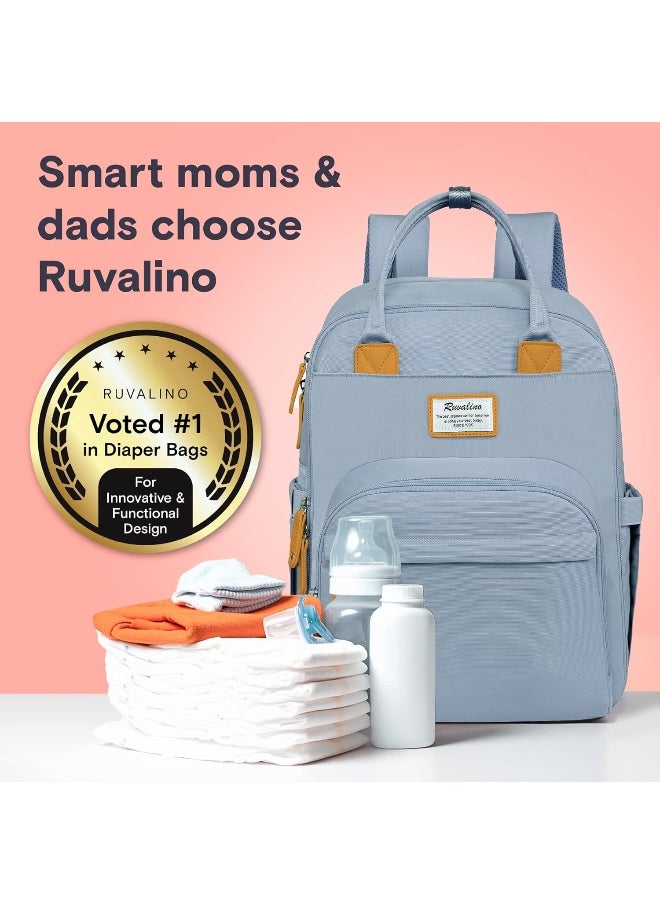 RUVALINO Diaper Bag Backpack, Multifunction Travel Pack Maternity Baby Changing Bags, Large Capacity, Waterproof, Sky Blue