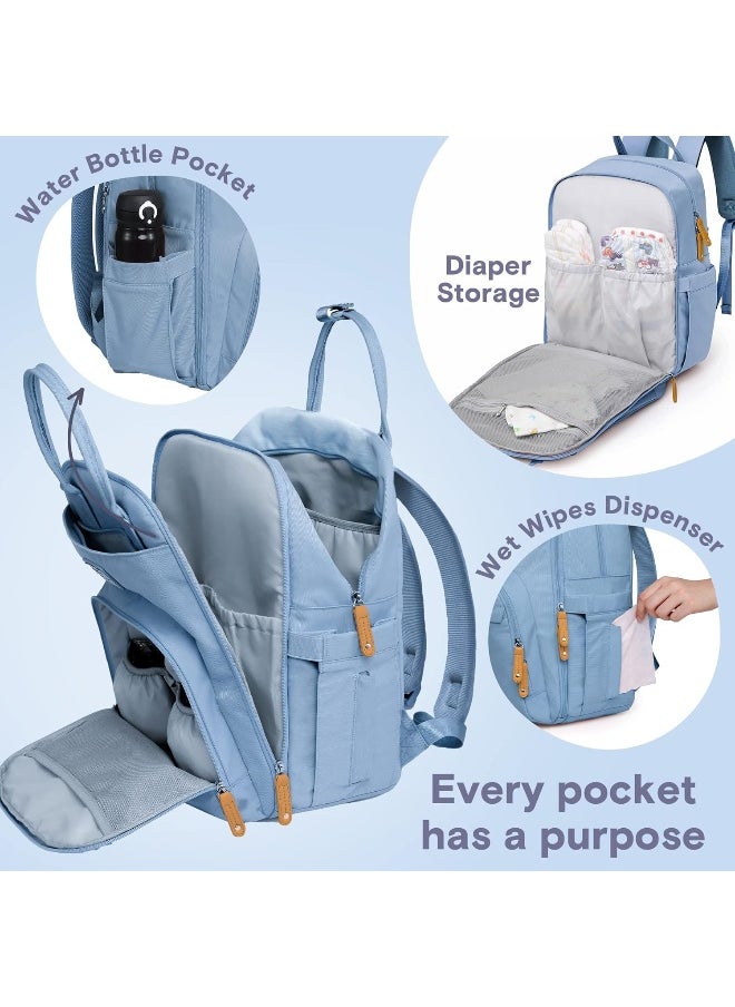 RUVALINO Diaper Bag Backpack, Multifunction Travel Pack Maternity Baby Changing Bags, Large Capacity, Waterproof, Sky Blue