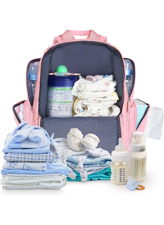Mancro Diaper Bag Backpack, Large Multifunction Baby Backpack for Travel with Stroller Strap and 2 Insulated Pockets, Diaper Baby Bag for Mom, Pink