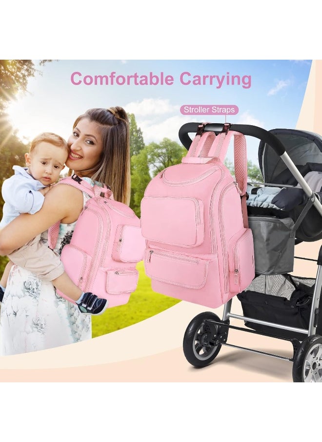 Mancro Diaper Bag Backpack, Large Multifunction Baby Backpack for Travel with Stroller Strap and 2 Insulated Pockets, Diaper Baby Bag for Mom, Pink