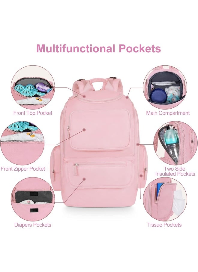 Mancro Diaper Bag Backpack, Large Multifunction Baby Backpack for Travel with Stroller Strap and 2 Insulated Pockets, Diaper Baby Bag for Mom, Pink