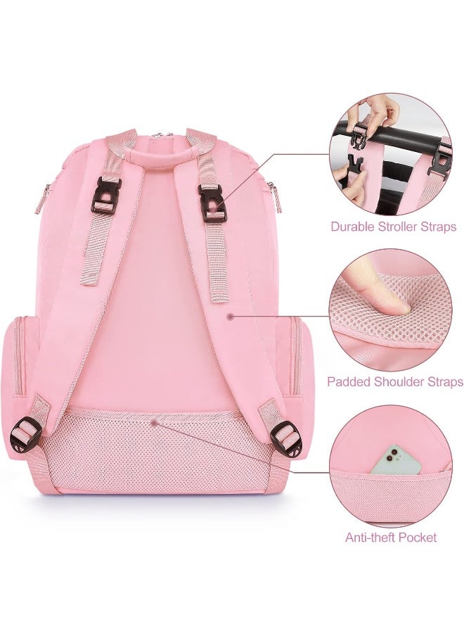 Mancro Diaper Bag Backpack, Large Multifunction Baby Backpack for Travel with Stroller Strap and 2 Insulated Pockets, Diaper Baby Bag for Mom, Pink