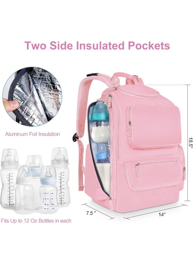 Mancro Diaper Bag Backpack, Large Multifunction Baby Backpack for Travel with Stroller Strap and 2 Insulated Pockets, Diaper Baby Bag for Mom, Pink