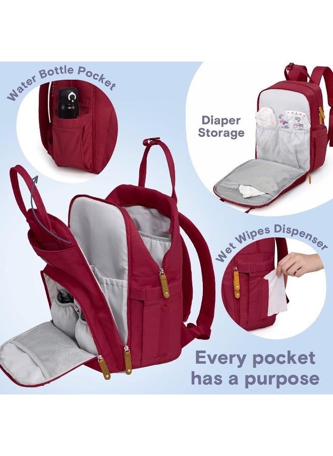 RUVALINO Diaper Bag Backpack, Multifunction Travel Pack Maternity Baby Changing Bags, Large Capacity, Waterproof, Purplish Red