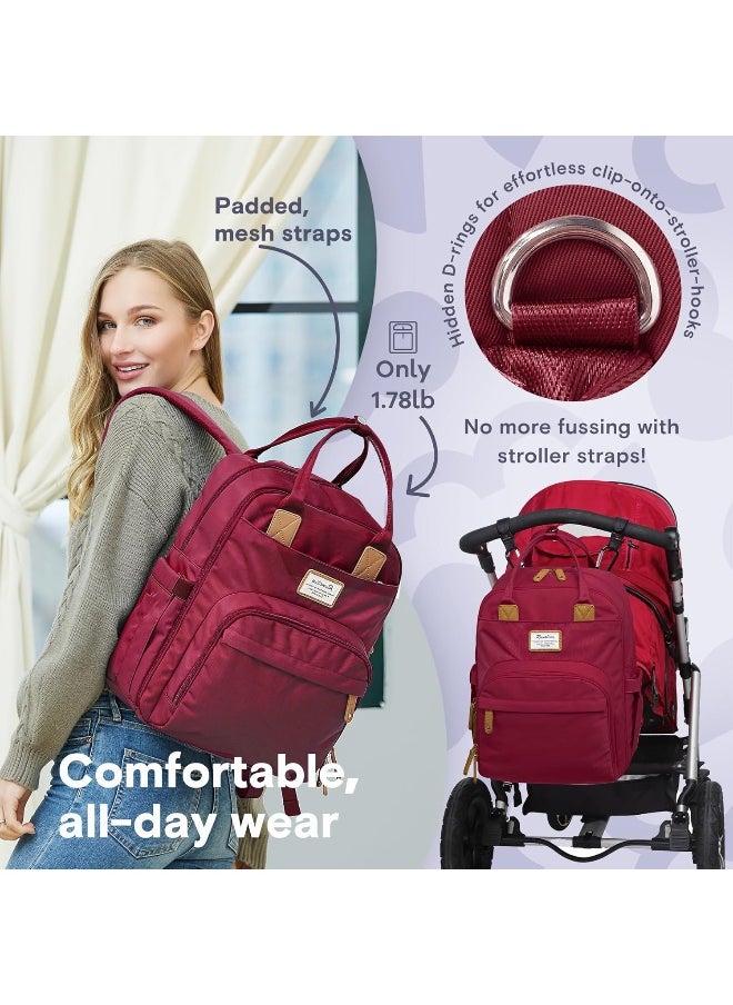 RUVALINO Diaper Bag Backpack, Multifunction Travel Pack Maternity Baby Changing Bags, Large Capacity, Waterproof, Purplish Red