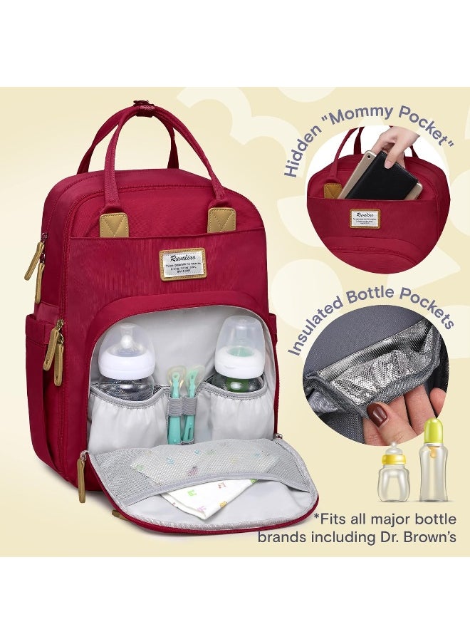 RUVALINO Diaper Bag Backpack, Multifunction Travel Pack Maternity Baby Changing Bags, Large Capacity, Waterproof, Purplish Red