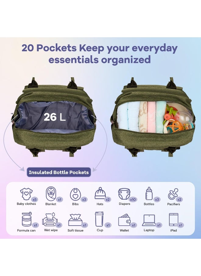 RUVALINO Baby Changing Bag Backpack, Neutral All-in-One Bags for, Multifunction Large Travel Backpack with Portable Pad, Stroller Straps, Pacifier Case and Insulated Pockets