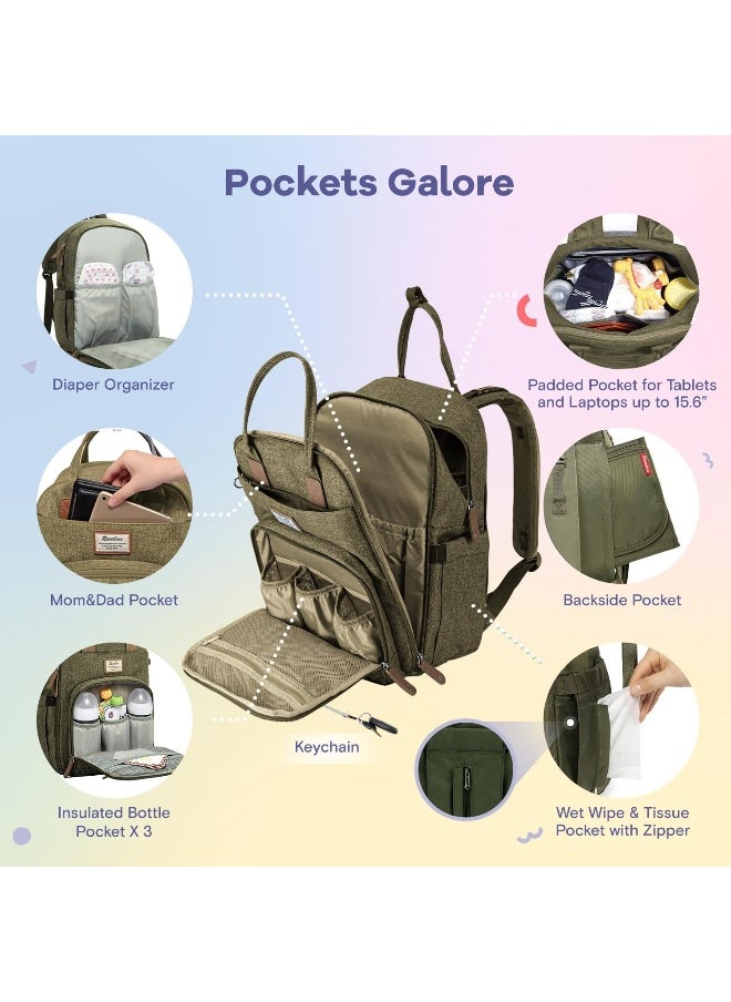 RUVALINO Baby Changing Bag Backpack, Neutral All-in-One Bags for, Multifunction Large Travel Backpack with Portable Pad, Stroller Straps, Pacifier Case and Insulated Pockets