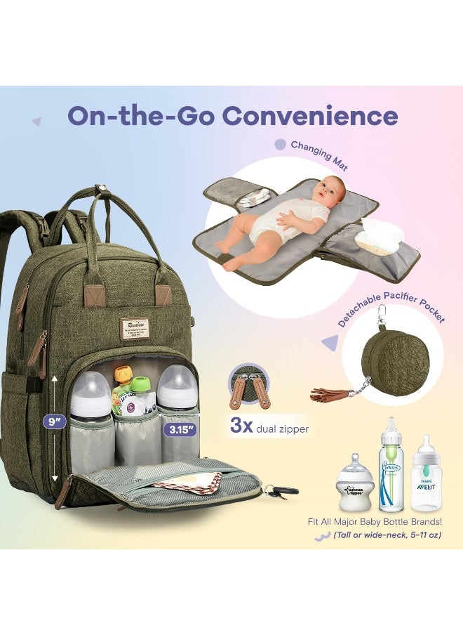 RUVALINO Baby Changing Bag Backpack, Neutral All-in-One Bags for, Multifunction Large Travel Backpack with Portable Pad, Stroller Straps, Pacifier Case and Insulated Pockets