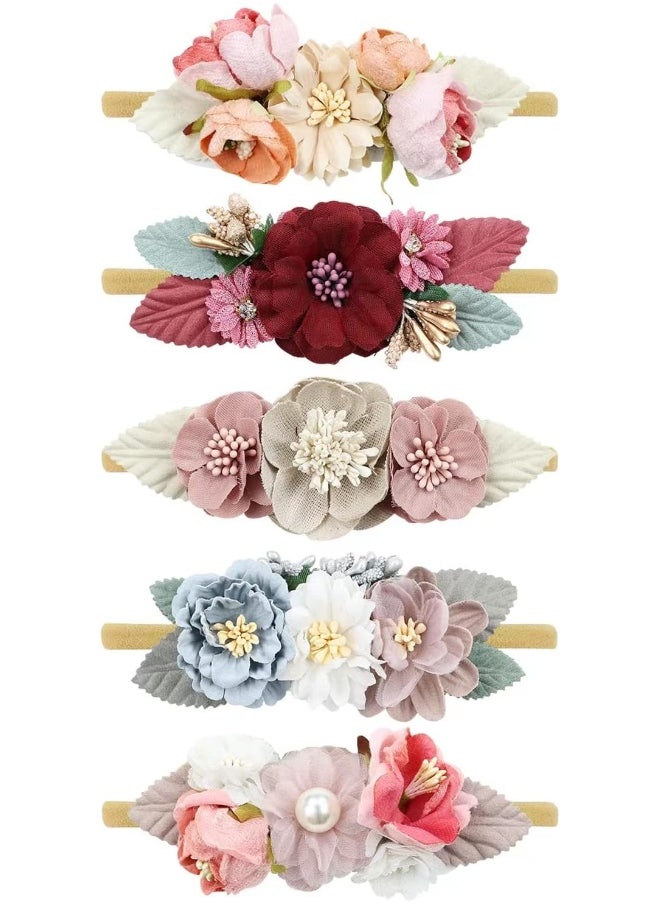 Cinaci 5 Pack Delicate Floral Flower Nylon Headbands Hair Bands Accessories for Baby Girls Newborns Infants Toddlers Kids