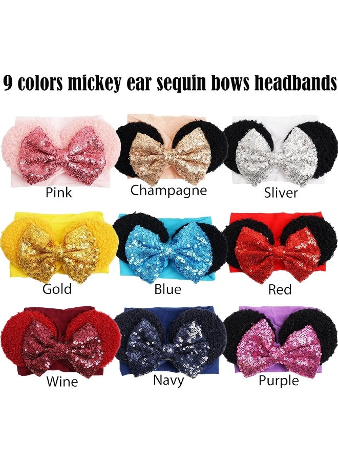 CellElection 9 Pack Baby Girls Sequin Headbands 6 Inch Large Big Sparkly Glitter Sequin Hair Bows Soft Nylon Hairbands for Newborn Infant Toddlers Babies