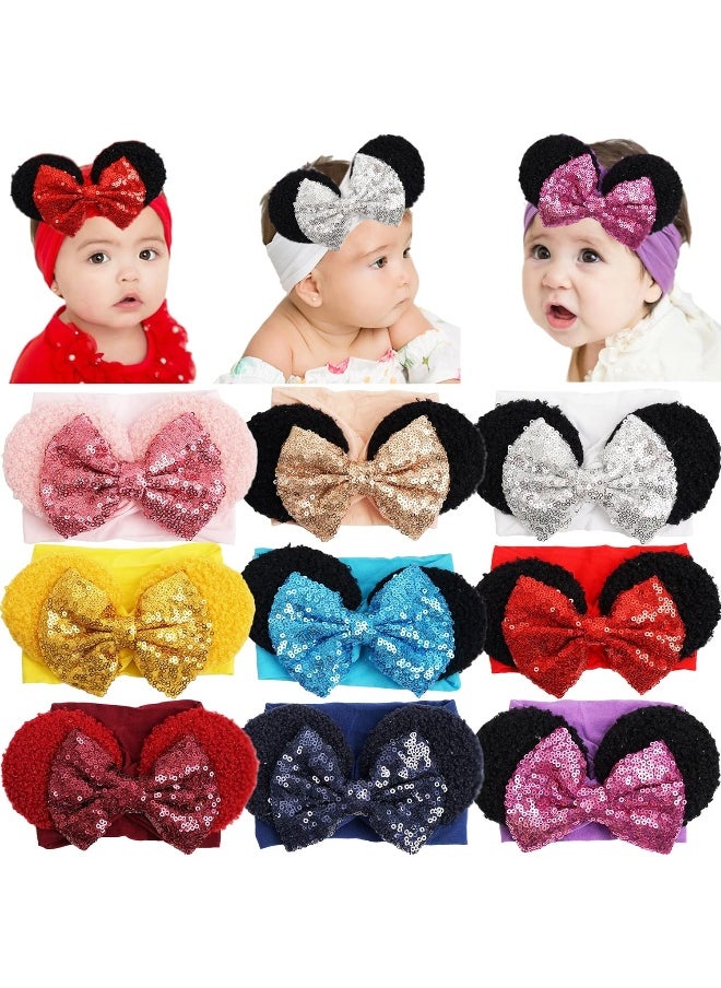 CellElection 9 Pack Baby Girls Sequin Headbands 6 Inch Large Big Sparkly Glitter Sequin Hair Bows Soft Nylon Hairbands for Newborn Infant Toddlers Babies