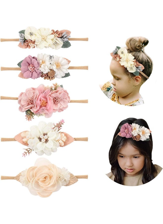 Cinaci 5 Pack Delicate Floral Flower Nylon Headbands Hair Bands Accessories for Baby Girls Newborns Infants Toddlers Kids