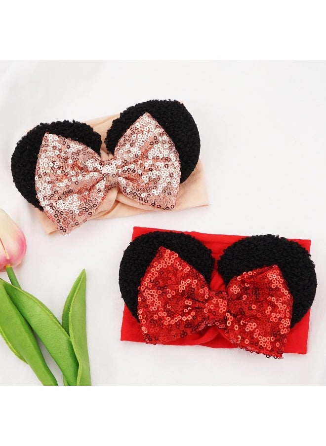 BBGifts 3PCS Baby Girl Mouse Ears Headbands with Sequin Bow, 4.5 inches Wide Nylon Turban Hairband, Theme Park Headwear, Hair Bow Headband for Toddler, Kids, Party Supplies