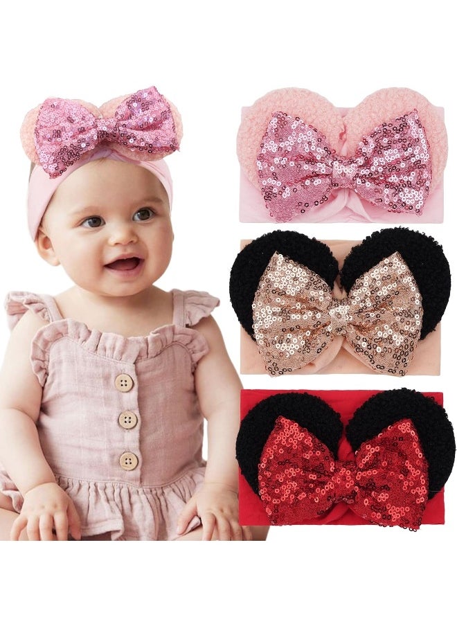 BBGifts 3PCS Baby Girl Mouse Ears Headbands with Sequin Bow, 4.5 inches Wide Nylon Turban Hairband, Theme Park Headwear, Hair Bow Headband for Toddler, Kids, Party Supplies