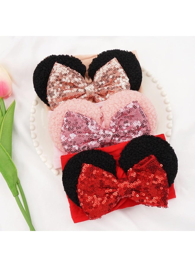 BBGifts 3PCS Baby Girl Mouse Ears Headbands with Sequin Bow, 4.5 inches Wide Nylon Turban Hairband, Theme Park Headwear, Hair Bow Headband for Toddler, Kids, Party Supplies