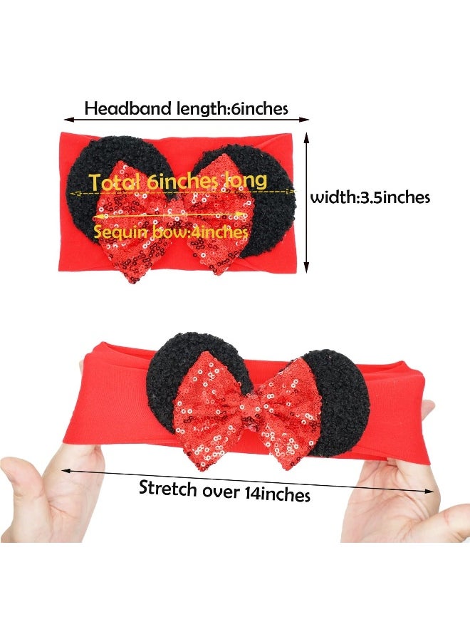 BBGifts 3PCS Baby Girl Mouse Ears Headbands with Sequin Bow, 4.5 inches Wide Nylon Turban Hairband, Theme Park Headwear, Hair Bow Headband for Toddler, Kids, Party Supplies