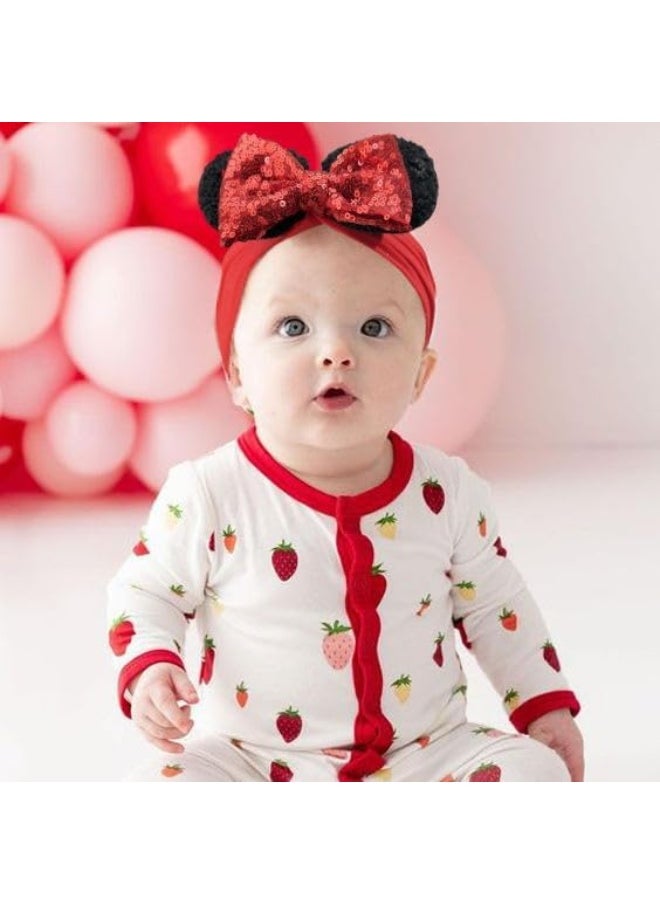 BBGifts 3PCS Baby Girl Mouse Ears Headbands with Sequin Bow, 4.5 inches Wide Nylon Turban Hairband, Theme Park Headwear, Hair Bow Headband for Toddler, Kids, Party Supplies