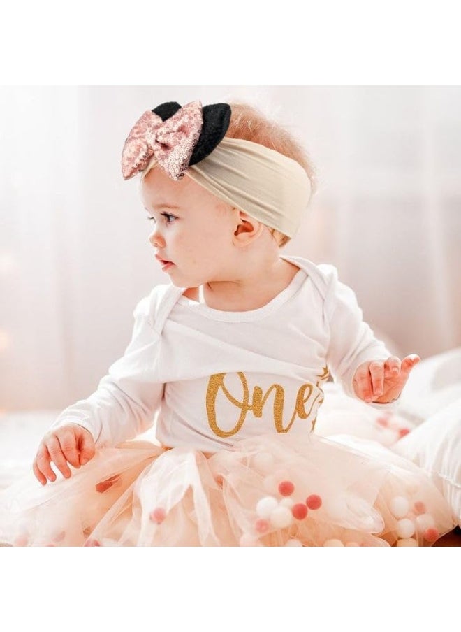 BBGifts 3PCS Baby Girl Mouse Ears Headbands with Sequin Bow, 4.5 inches Wide Nylon Turban Hairband, Theme Park Headwear, Hair Bow Headband for Toddler, Kids, Party Supplies