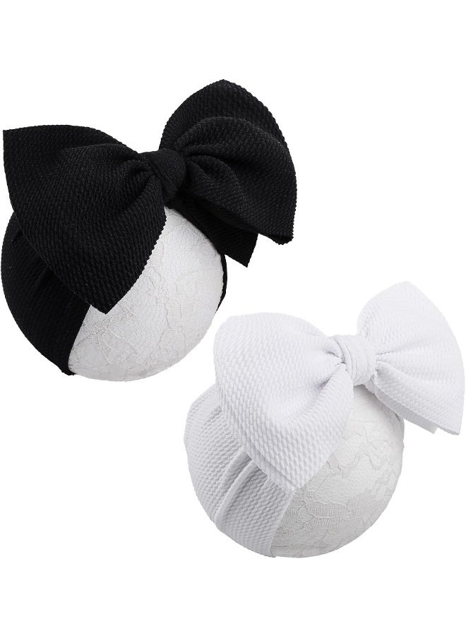 YanJie Baby 7inch Large Bows Headwrap Stretch Print Textured Fabric Top Knot Turban Headband Hair Accessories for Baby Girls 2pcs/pack (black&white)