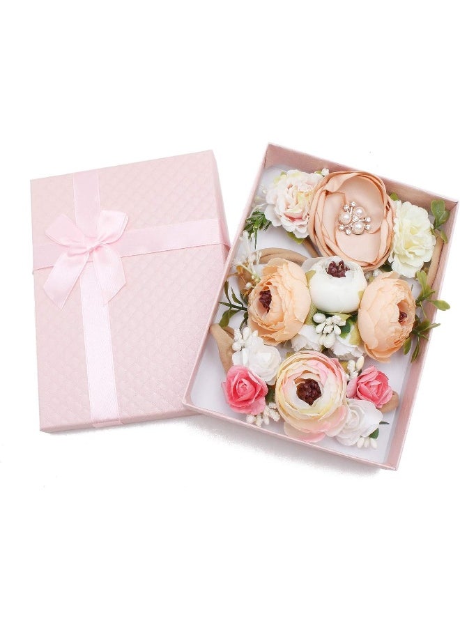 Baby Girl Floral Headbands Set - 3pcs Flower Crown Elastic Hairband Newborn Toddler Hair Accessories Gifts for Girls