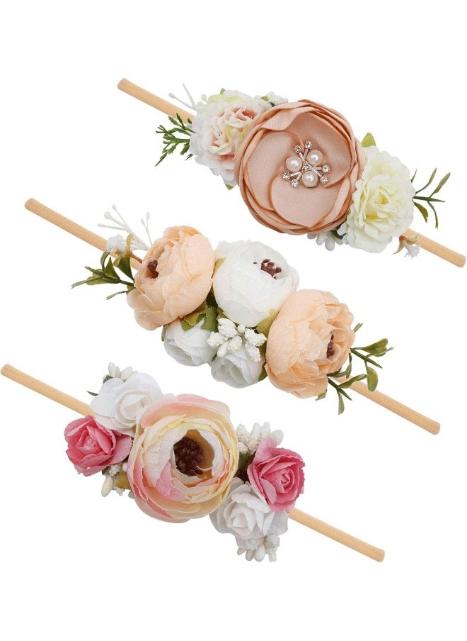 Baby Girl Floral Headbands Set - 3pcs Flower Crown Elastic Hairband Newborn Toddler Hair Accessories Gifts for Girls